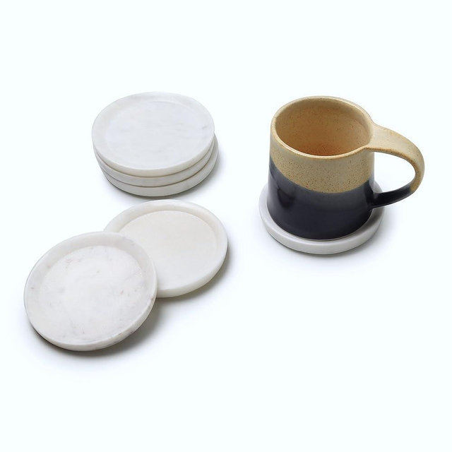 LAVAUX DESIGNS Marble Coasters Set of 6 with Raised Edges | 4 inch Dia | 100% Real Marble Drink Coasters | Modern Home Decor |