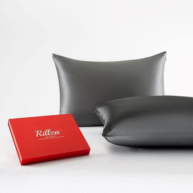 Rillza 100% Pure Mulberry Silk Pillowcase 2 Pack, Hidden Zipper(Dark Grey, Standard 20''x26'', 2 PC), Anti Acne Wrinkle, Soft Smooth, Premium Gift Box, Grade 6A Silk Pillow Case Set of 2