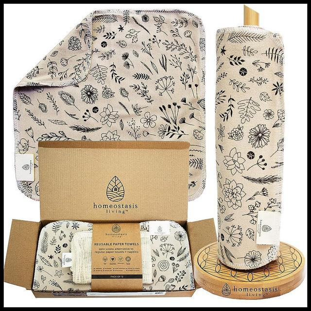 Homeostasis Living | REusable Paper Taowels with Cotton Wash Bag | Zero Waste Gift | Botanical-Ginger | Eco Friendly Paper Towels Napkins Cloth Washable Reusable Paper Towel Roll Paperless Paper