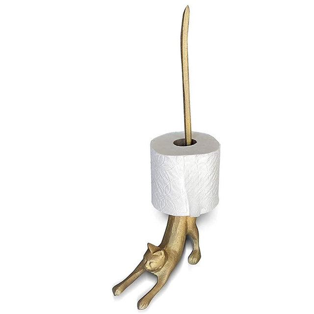 WallCharmers Gold Paper Towel Holder, Metal Toilet or Kitchen Paper Holder for Floor or Countertop, Gold Cat