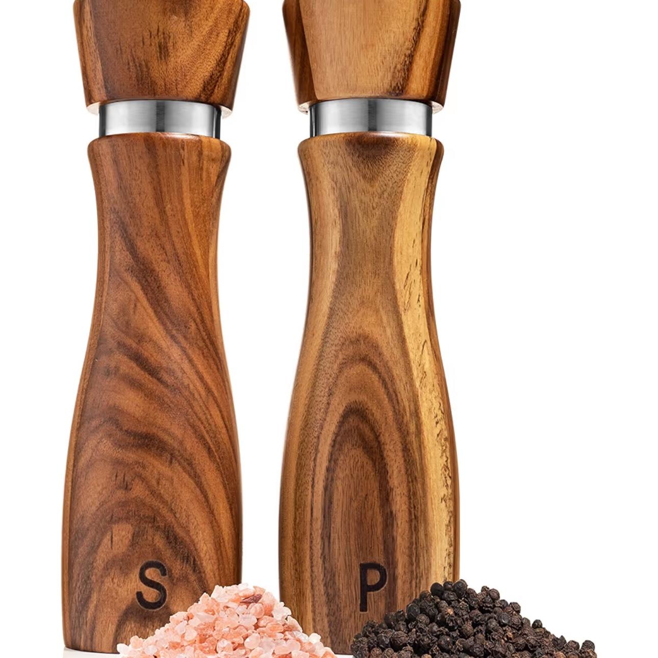 Wooden Salt and Pepper Grinder Set: Refillable Salt & Pepper Mills Adjust for Customized Coarseness, Crafted of Solid Acacia Wood with Ceramic/Stainless Steel Core, 8 Inches Each