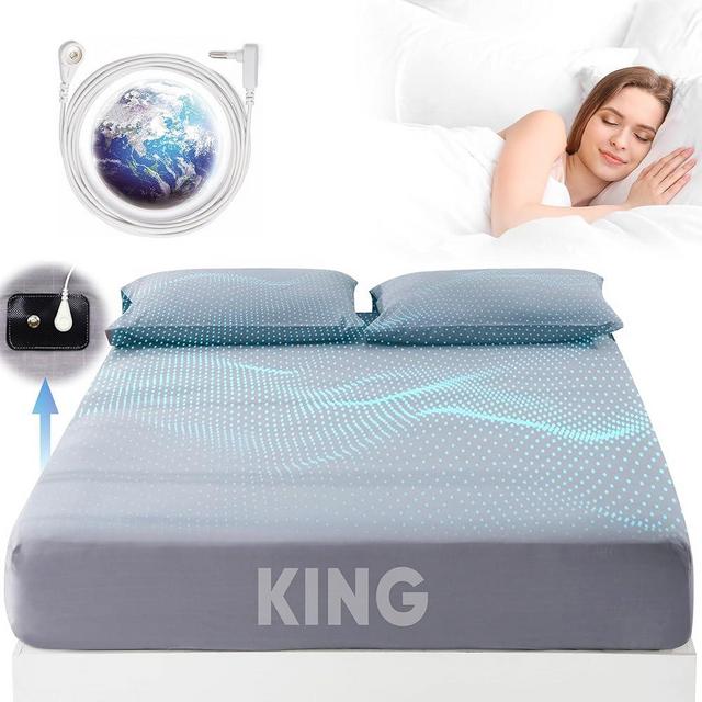 Grounding Sheets King Size, 95% Organic Cotton + 5% Pure Silver Fiber, Grounded Sheet Earth Connected Bedding (King - 77"x 80"x 13" Gray) Fitted Earth Sheets with Grounding Cord