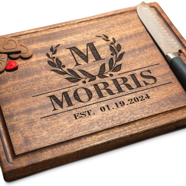 Personalized Chopping Block Custom Engraved Laurel Initial Design (#011) Wedding or Anniversary-Housewarming or Corporate Gift USA Handmade by Wedding Gift Boutique