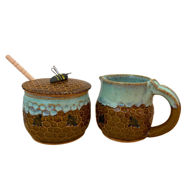 Handmade Bee Pottery Cream and Sugar Set: Honeycomb Jar & Pitcher