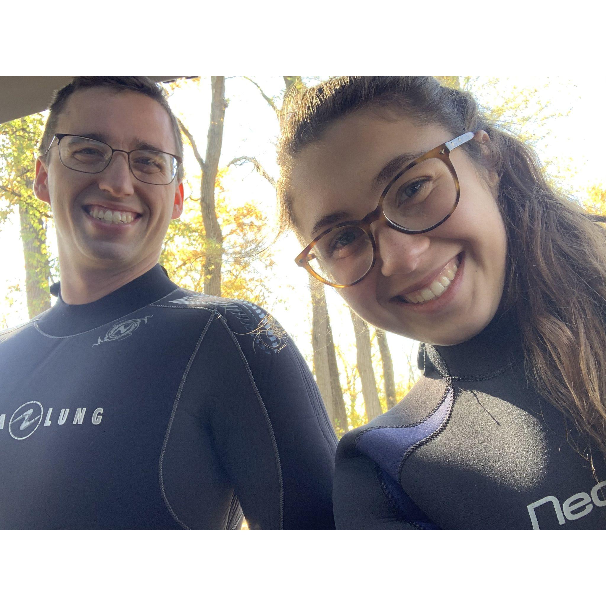 He somehow convinces her to go diving in Ohio...even in OCTOBER! It. is. freezing!