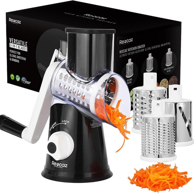 Rotary Cheese Grater Hand Crank - Cheese Shredder Hand Crank with Handle, Vegetable Shredder with 3 Stainless Steel Blades & Strong Suction Base – Round Slicer & Food Chopper for Kitchen