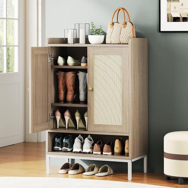 JASIWAY Rattan Shoe Cabinet Storage for Entryway, Shoe Cabinet with Adjustable Shelves for Entryway, 5-Tier, 20 Pair Shoe Rack Storage for Hallway, Closet, Living Room, Natural