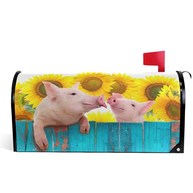 Funny Pig Hanging On Fence Welcome Magnetic Mailbox Post Box Cover Wraps 21&quot; Lx 18&quot; W, Yellow Sunflowers Standard Size Makover MailWrap Garden Home Decor