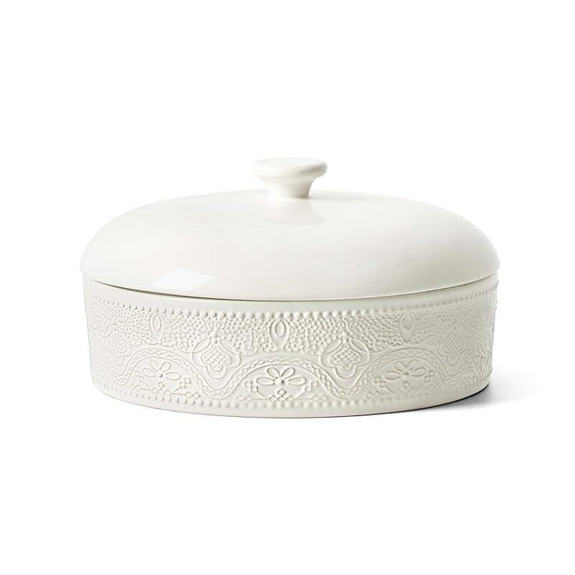 FE Ceramic Tortilla Warmer,Lace Emboss 8.8 Inch Tortilla Holder with Lid for Taco Tuesday, Mexican Night and Party,Taco Bread Pancake,Tortilleros Para Las Tortillas Caliente (Bright White)