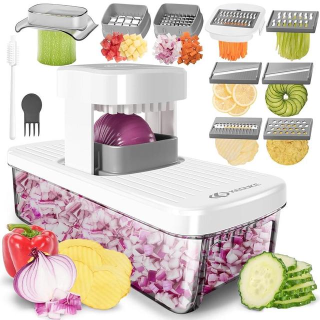 KEOUKE 8-in-1 Vertical Vegetable Chopper Mandoline Slicer with Container White - Safe Tap Out Dicer with Hand Guard for Kitchen Easy Food Prep, Onion Potato Veggie Fruit