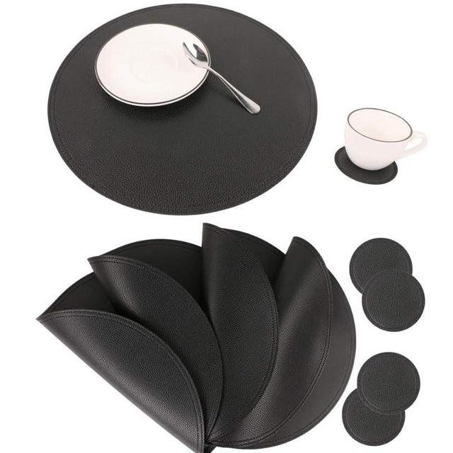 Faux Leather Round Placemats and Coasters, Disko Table Mats and Drink Spills Coasters, Easy to Clean, Double Stitched for Kitchen Dining Table, Diameter 13''and 3.9''
