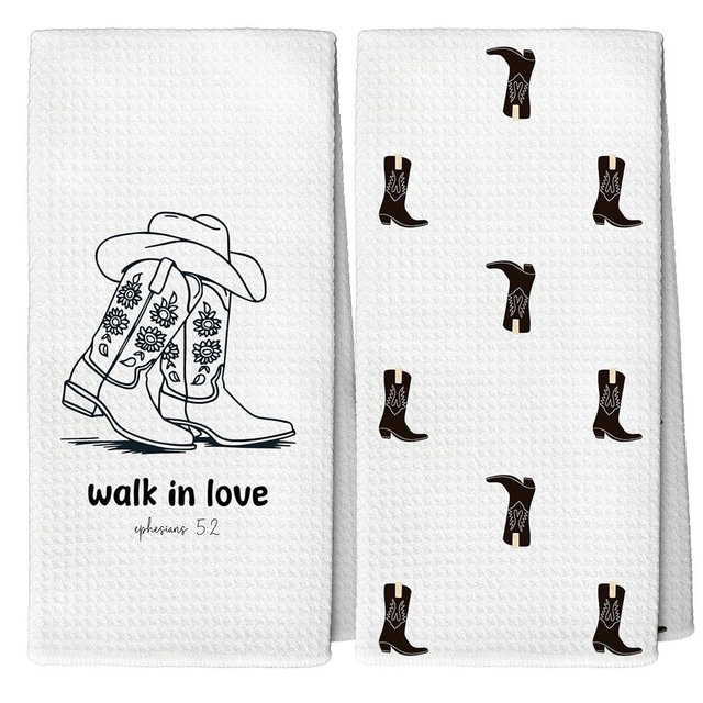 YLZlhb Christian Cowgirl Kitchen Towels Set of 2, Western Cowgirl Boots Hat Decor Gifts for Girl Women, Christian Bible Verse Gifts, Walk in Love Decorative Tea Kitchen Hand Towels 16x24 Inch