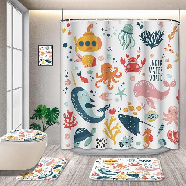 GRIEKOWE 4 Pcs Kids Ocean Shower Curtain Sets with Non-Slip Rugs, Cute Cartoon Whale Funny Bathroom Decor for Nursery Baby Boys Girls Underwater Coastal Submarine Fish Animal Bath Curtain 72 * 72in
