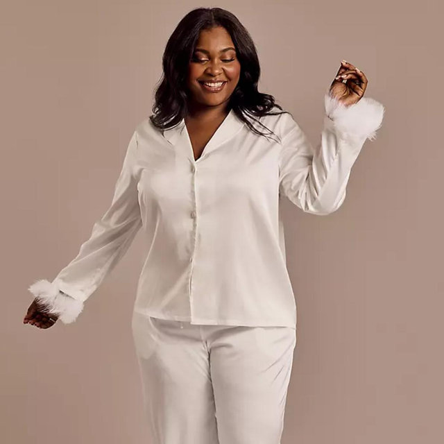 White Satin Feather PJ Set | David's Bridal