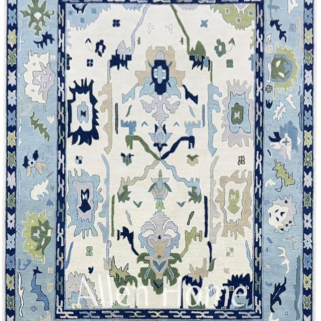 Allen Home Hand Tufted Oushak Wool Rugs - Pastel Ushak Area Carpets Suitable for Living Room, Bedroom, Dining Room - Natural Latex Backing with 100% Cotton - Oushak Caroline Blue & Beige - 8’ x 10’