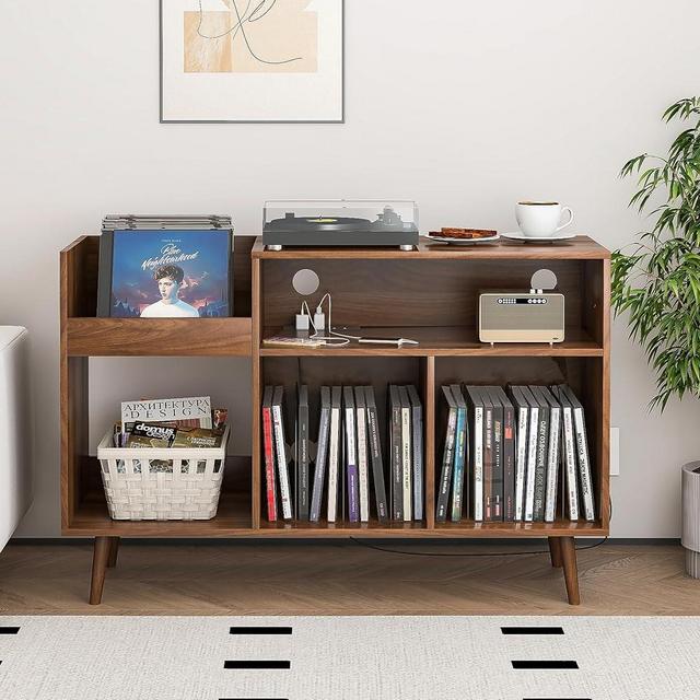 Record Player Stand with Charging Station & USB Ports, Mid-Century Turntable Stand Table Holds Up to 300 Albums, Vinyl Record Storage Cabinet with Wood Legs for Living Room Bedroom Office (walnut)