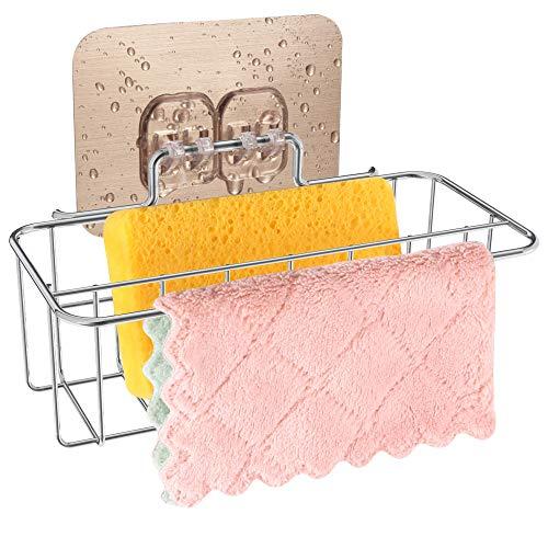 2 in 1 Sponge Holder+Rag Holder for Kitchen Sink with Adhesive, 304 Stainless Steel Kitchen Sink Sponge holder Organization Basket, Kitchen Sink Caddy holder-Easy to Use
