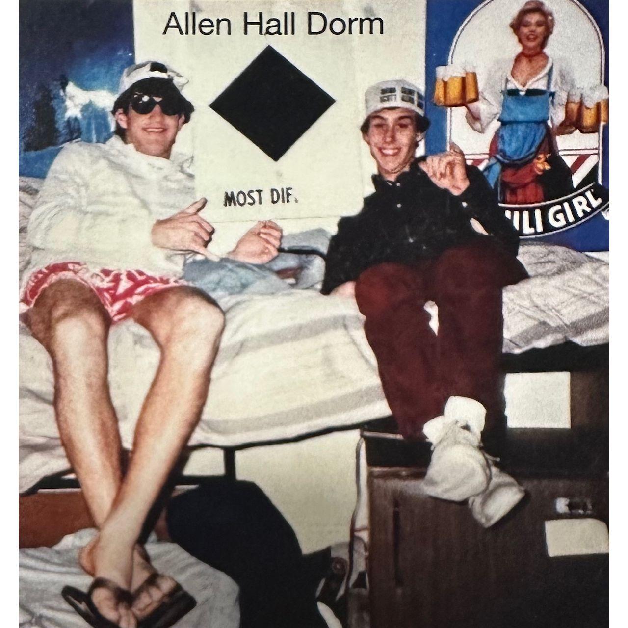 Ben and Danny T, frosh roommates in Allen Dorm, Middlebury College. Ask me later about the floral board shorts and what head football Coach Heinecken said as I showed up in weight room wearing these!