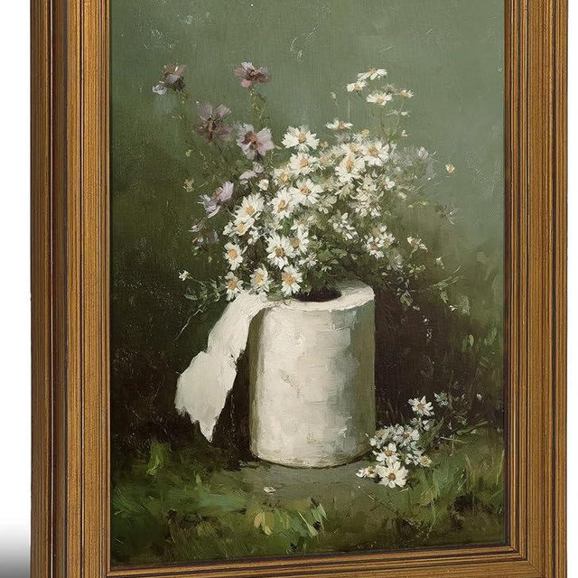 Framed Dark Green Funny Bathroom Canvas Wall Art, Vintage Whimsical Toilet Paper Painting Picture Wall Decor, Flowers Toilet Paper Poster Print Artwork for Bathroom Bedroom Home Decoration