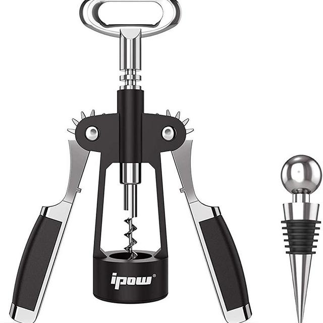 IPOW Zinc Alloy Wine Opener with Wine Stopper, Premium Wing Corkscrew, Giftable Wine Bottle Opener, Manual Cork Screw Remover, Heavy Duty, Upgraded Black