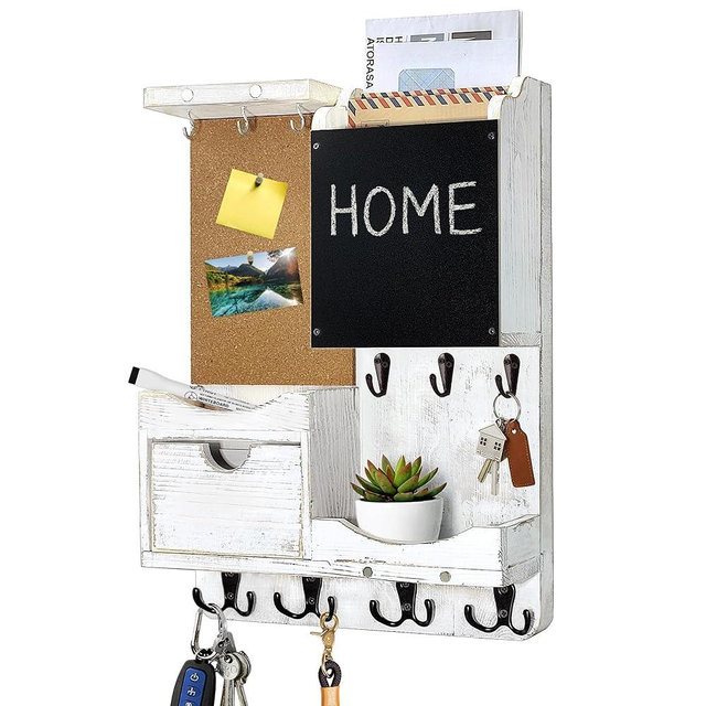 HEKOOLA Key Holder Wall Mount， Mail Organizer Key Holder for Wall with Shelf, Drawer, Chalkboard, Corkboard, Home Decor Wall Mounted for Room Entryway(Whitewashed)