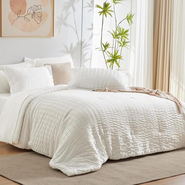 CozyLux Queen Seersucker Comforter Set with Sheets Ivory Bed in a Bag 7-Pieces All Season Bedding Sets with Comforter, Pillow Sham, Flat Sheet, Fitted Sheet, Pillowcase