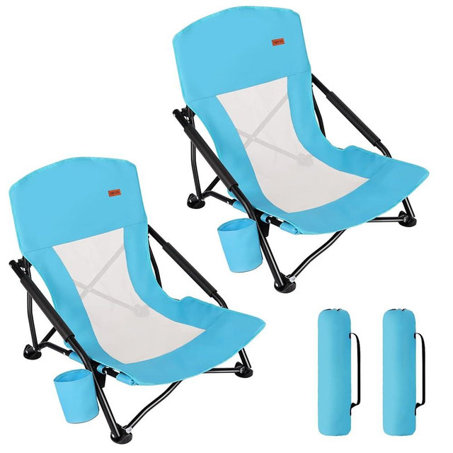 TOBTOS Low Beach Chair, Beach Chairs for Adults 2 Pack, Low Profile Folding Chair with Cup Holder & Carry Bag, Heavy Duty Chair for Outdoor Sand, Camping, Concert, Travel