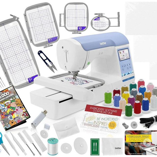 Brother PE900 Embroidery Machine Bundle - 5" x 7" Embroidery Field, Cuts Jump Stitches, Wireless LAN, Includes 4 Hoops, 20 Premium Threads, Stabilizer Sheets, 50,000+ Designs, Accessories & More