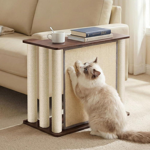 Veehoo Couch Protector from Cat Claws, Couch End Table with Cat Scratch Panel and Scratching Posts, Pet Corner Sofa Side Table Scratcher, Back Walnut, Left