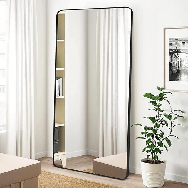 ABSWHLM Full Length Mirror 71"x24" with Stand Rounded Corner Large Floor Mirror Aluminum Alloy Frame for Living Room, Bedroom Hanging Standing or Leaning Wall-Mounted, Black