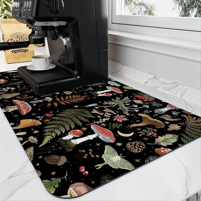 Mushroom Fern Leaves Berry Coffee Mat Dish Drying Mats for Kitchen Counter, Coffee Bar Mat for Countertop Vintage Botanical Nature Drying Mat Decor Gift Fit Under Coffee Maker (20x12in)