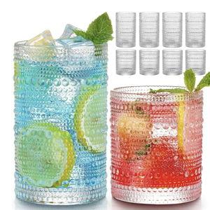 Hlukana Vintage Hobnail Drinking Glasses Set of 8, 12 oz Highball Glasses & 10 oz Cocktail Glasses Set, Kitchen Water Glasses Cup, Bar Tumbler Glassware Set for Beer, Juice, Cocktail, Whiskey, Milk