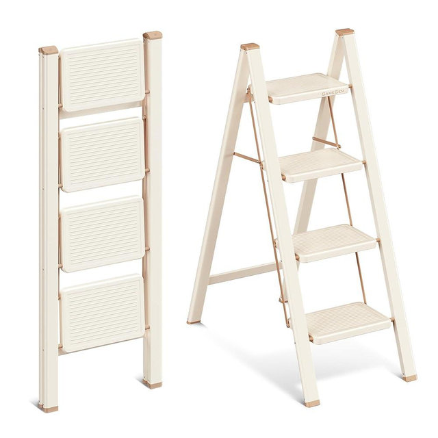 GameGem 4 Step Ladder, 4 Step Stool for Adults, Folding Step Ladder with Secure Footing, Widened Pedal, Aesthetically Pleasing Looking, Blends Right into Domestic Rooms, Cream Chocolate
