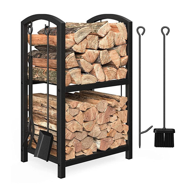 Mr IRONSTONE Firewood Rack with Fireplace Tools set, Fireplace Tool Rack for Indoor Outdoor Fire Log Holder Wrought Iron Large Wood Stove with Firepit Tools, Brush, Shovel, Poker, Tongs, Black