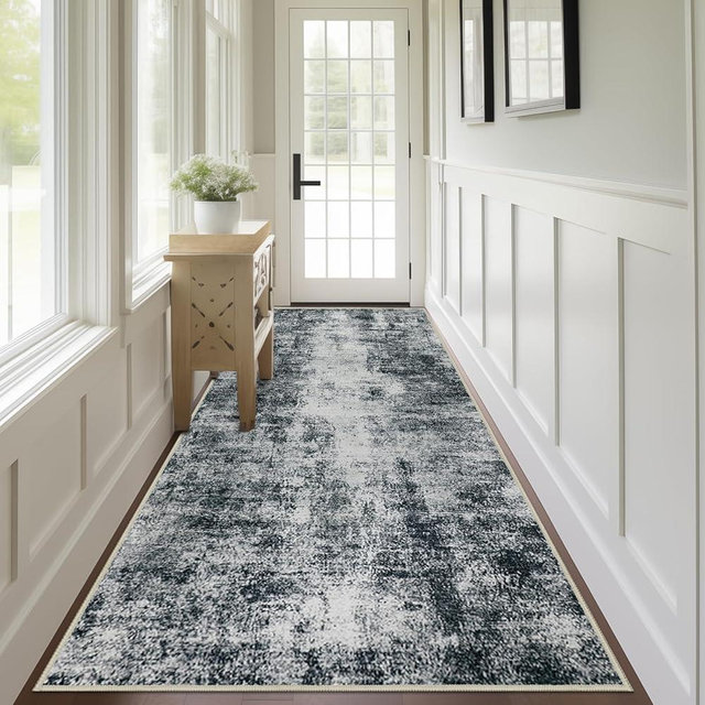 Capslpad 2.6x8 Black Abstract Hallway Runner, Ultra Soft Fabric Washable Runner Rug, Non-Slip Rubber Backing, Stain Resistant Low Pile Runners for Hallways, Kitchen, Entryway, Bedroom, Laundry