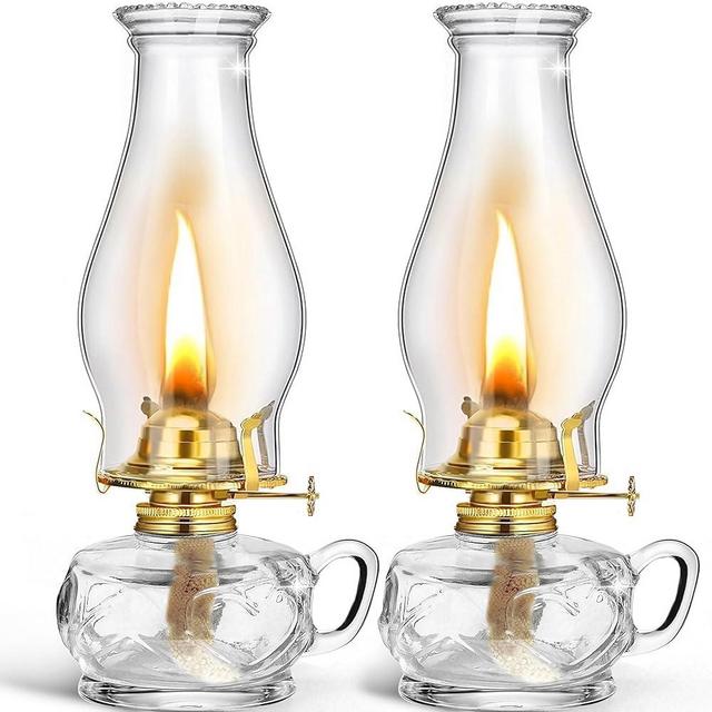 CHNLML 2 Pieces Chamber Oil Lamps for Indoor Use Vintage Kitchen Decor Kerosene Lantern Glass Lamp with Handle, Large Hurricane Rustic Home Decorative Lighting