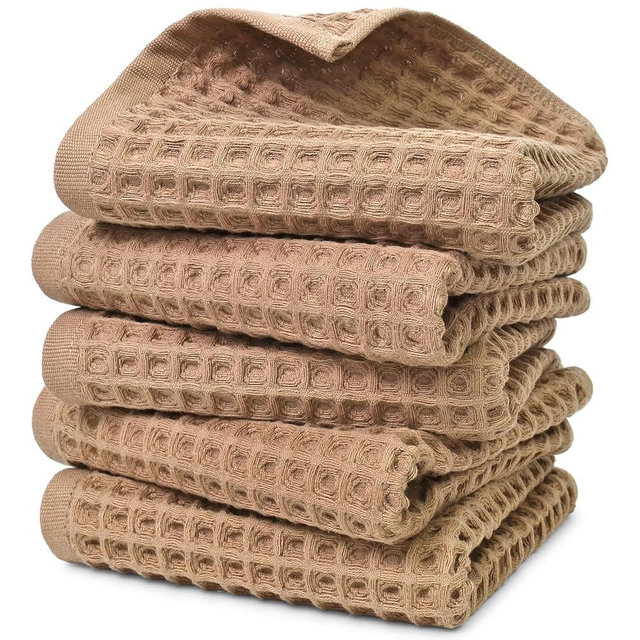 Jacquotha Waffle Bathroom Hand Towels 5-Piece (Tan) – Cotton, Soft, Lightweight, Lint Free, 13” x 29”