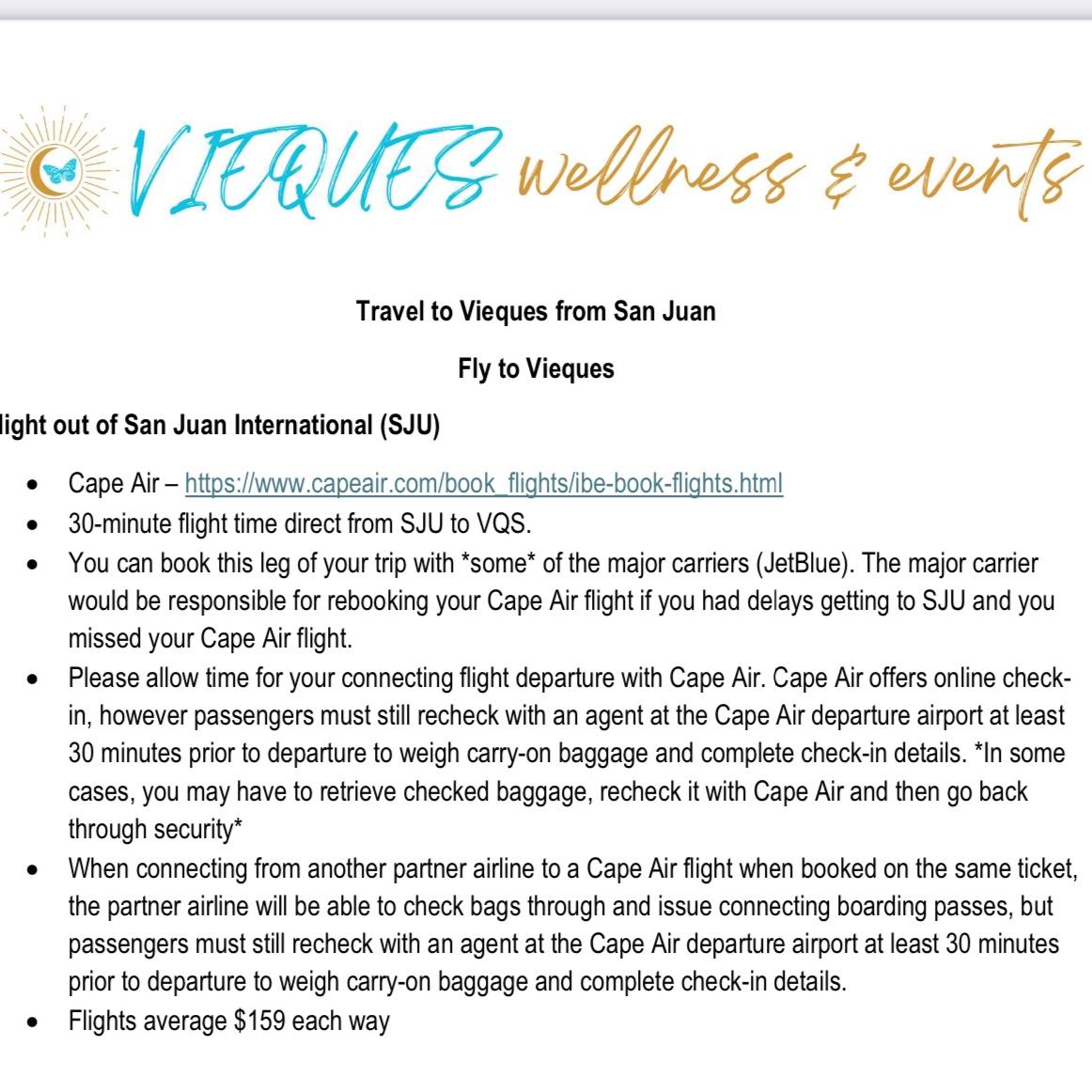 Cape Air information on connecting flights from San Juan to Vieques