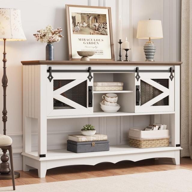 Entryway Table with Cabinet, Farmhouse Console Table with Storage, Rustic Sofa Table with Sliding Barn Doors, Console Table for Entryway