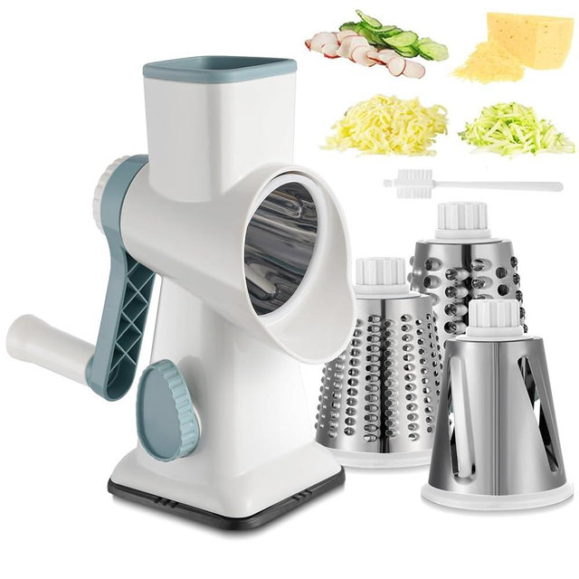 EDEFISY Cheese Grater Hand Crank Rotary Vegetables Shredder with Handle, 3-in-1 Graters with Interchangeable Blades and Strong Suction Base Multifunctional Slicer for Kitchen,white