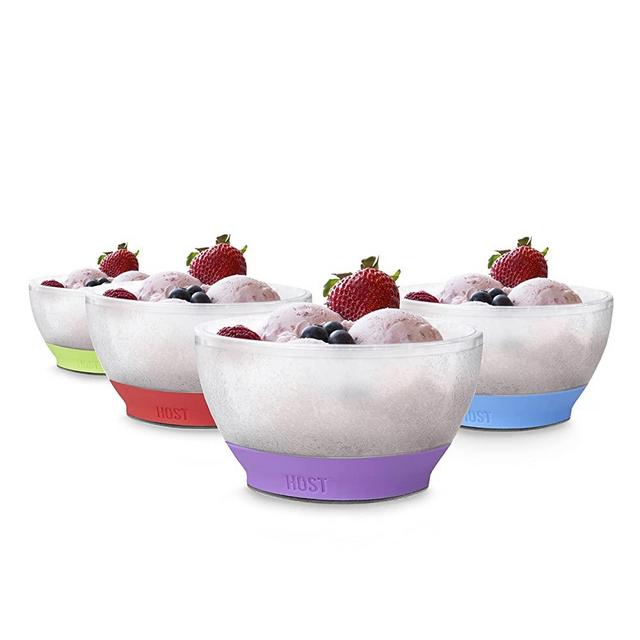 HOST Ice Cream Freeze Bowl Double Walled Insulated Freezer Gel Chiller Kitchen Accessory for Dessert, Dip, Cereal, with Comfort Silicone Grip, Plastic, Set of 4, Assorted