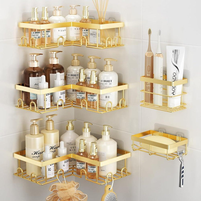 Liuoud Corner Shower Caddy 5 Pack, Rustproof Stainless Steel Shower Organizer with Soap Rack Toothbrush Holder, Large Capacity Adhesive No Drilling Bathroom Kitchen&Home Decor Set, Gold