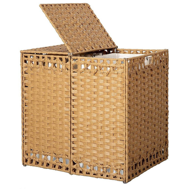 130L Foldable Laundry Hamper with Lid - Handwoven Rattan Storage Basket, 2-Section Clothes Hamper w/2 Removable Liner Bags, Easy Assembly, Portable for Bedroom Bathroom Dorm,Natural