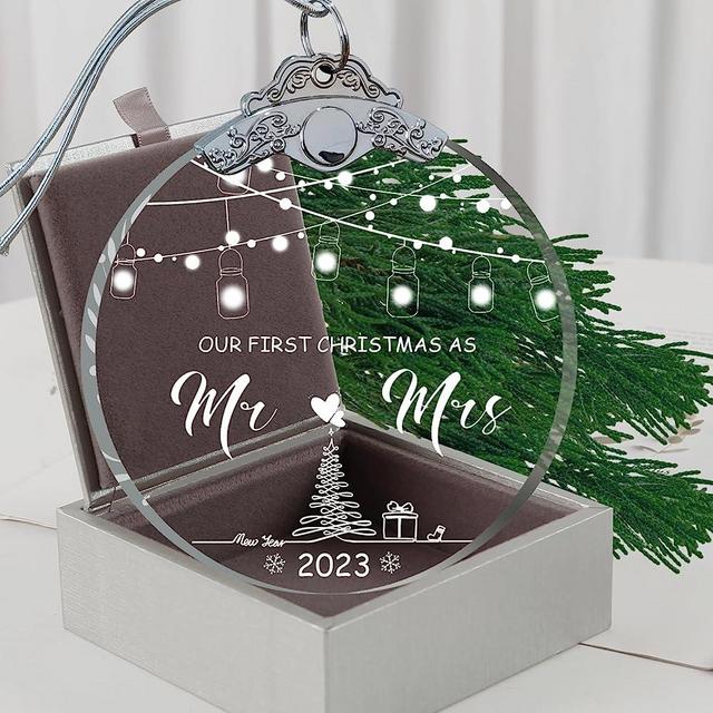 First Christmas Married Ornament 2023 Mr and Mrs Gifts Glass 3", Wedding Gifts for Couples Unique 2023 with Gift Box, Bridal Shower Gift Just Married Ornaments Newlywed Keepsake Gift-Mr Mrs 1