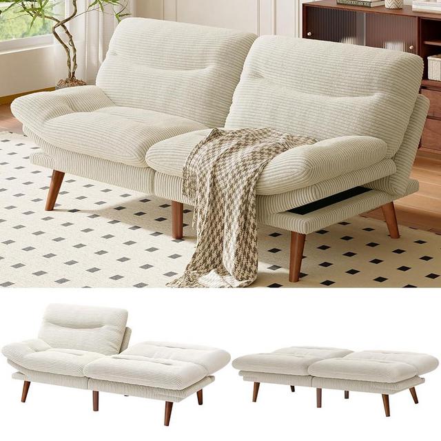 AMADA HOMEFURNISHING Convertible Futon Sofa Bed,66″ White Futon with Adjustable Backrest & Armrests,Folding Sleeper Recliner for Small Spaces, Play Room Or Office, Corduroy Small Couch
