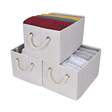 StorageWorks Storage Bins with Cotton Rope Handles, Storage Basket for Shelves, Bamboo Style, Mixture Beige, 3-Pack, Large