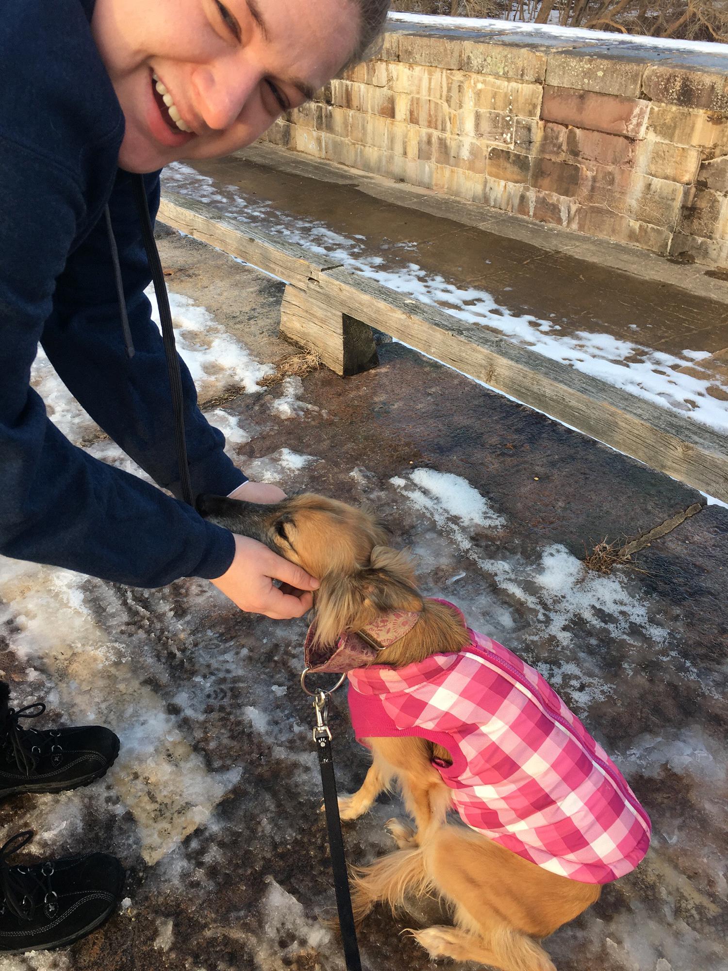 Joanne and Hazel — stopping for cuddles on the Monocacy Aqueduct, January 2019