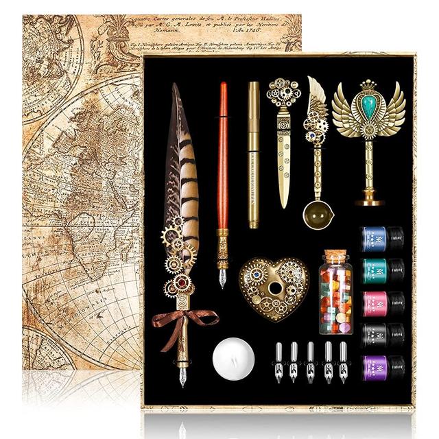 NC Quill Pen Ink Set, Feather Pen Ink Set Includes Quill Pen, Wooden Pen, 5 Replaceable Nibs, 5 of Ink, Seal, Spoon, Wax Beads, White Wax, Pen Holder,Envelope and Letter Paper Etc Christmas Art Gifts.