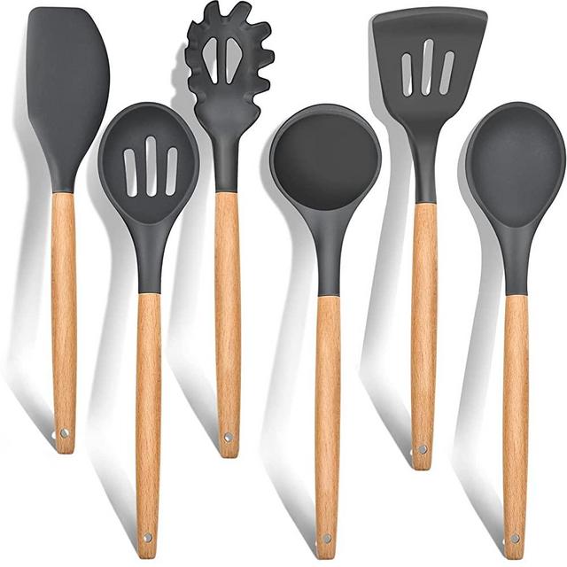 Kitchen Utensils Set of 6, E-far Silicone Cooking Utensils with Wooden Handle, Non-stick Cookware Friendly & Heat Resistant, Includes Spatula/Ladle/Slotted Turner/Serving Spoon/Spaghetti Server(Gray)