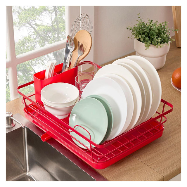 3-Piece Multi-Functional Dish Drying Rack with Drain Board & Utensil Holder - Red